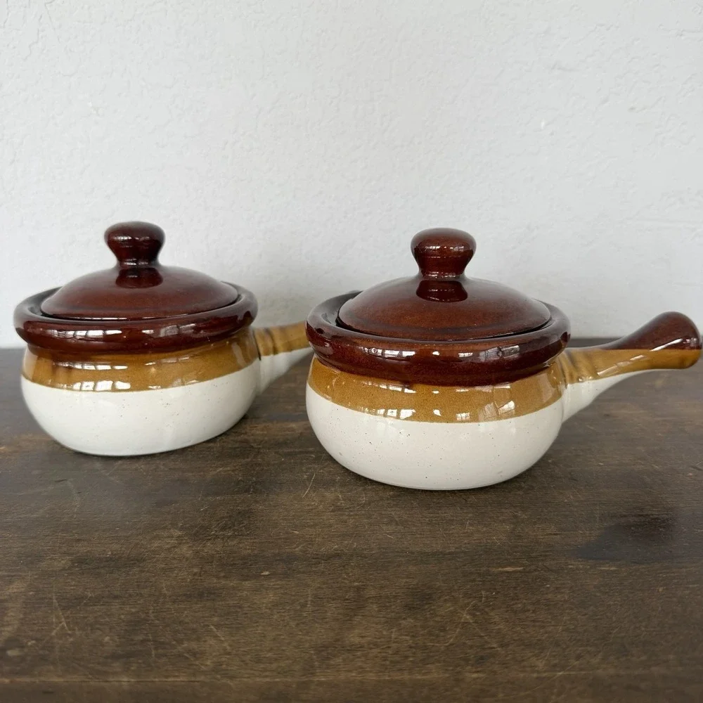 Vintage French Onion Soup Crocks Handled Bowls with Lids Brown Glazed Set‎ of 2